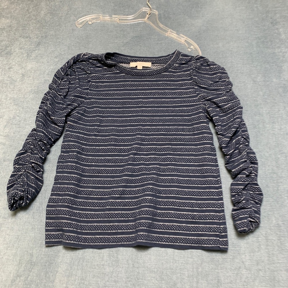 LOFT Top Womens Large Petites Navy Blue Striped Long Sleeve Crew Neck Pullover
